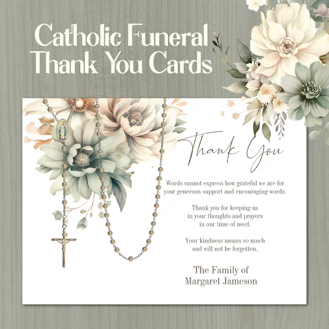 Catholic Floral Rosary Funeral Condolence Sympathy Thank You Card Zazzle