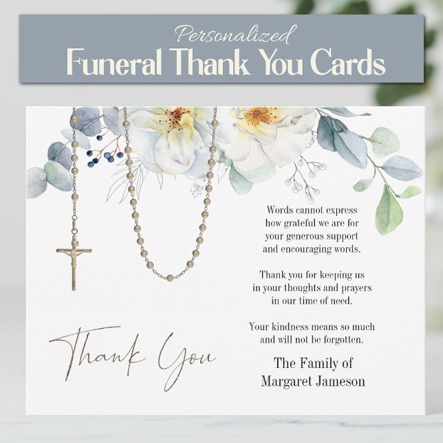Catholic Floral Rosary Funeral Condolence Sympathy Thank You Card (Traditional Catholic Holy Rosary Floral Funeral Thank you Condolence Cards)