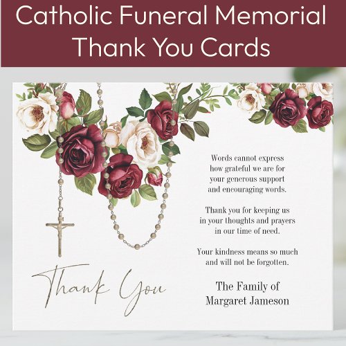 Catholic Floral Rosary Funeral Condolence Sympathy Thank You Card