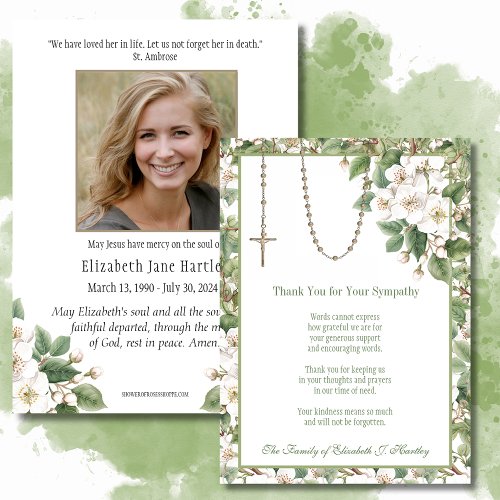 Catholic Floral Rosary Sympathy Funeral Prayer Thank You Card