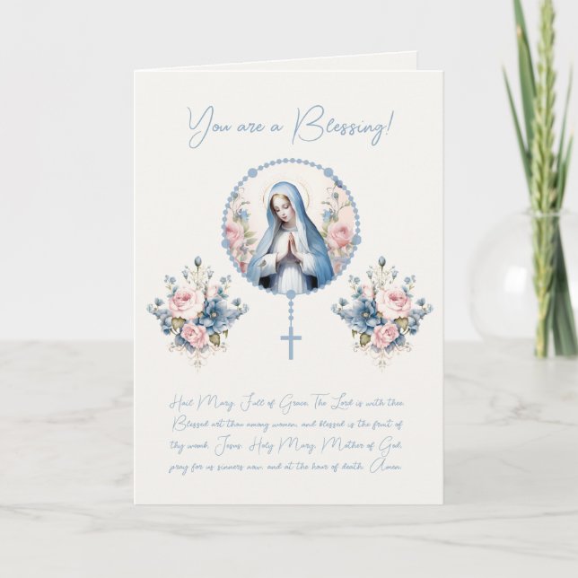 Catholic Floral Virgin Mary Rosary Scripture Verse Letterpress Thank You Card (Front)