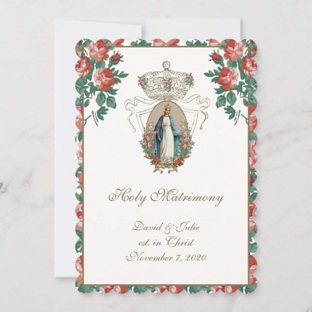 Catholic Floral Wedding Church Reception Combined  Invitation (Front)