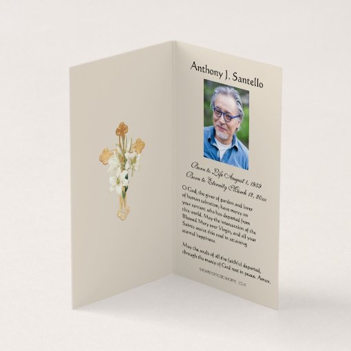 Catholic Funeral Gold Crucifix Prayer Photo Card | Zazzle