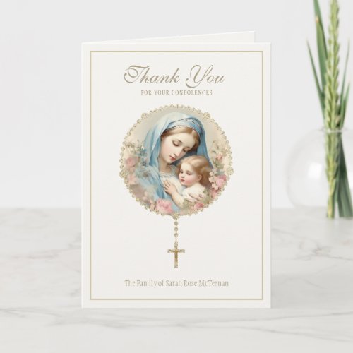 Catholic Funeral Memorial Mother Mary Jesus Floral Thank You Card