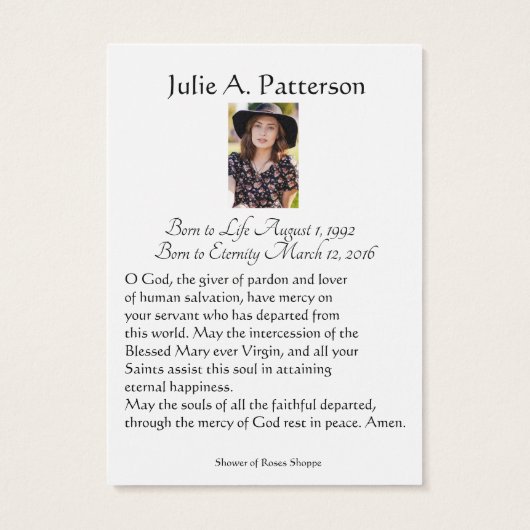 Catholic Funeral Memorial Prayer Holy Card (Back)