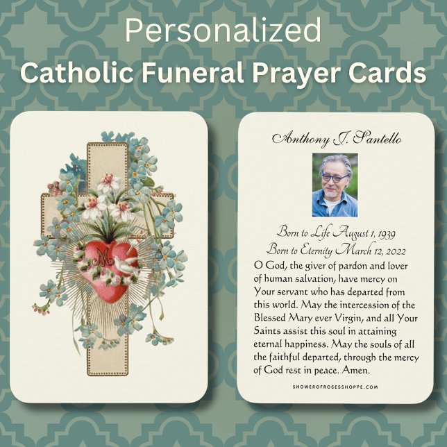 Catholic Funeral Memorial Prayer Holy Card (Floral Traditional Catholic Funeral Prayer Card with Sacred Heart and Cross)