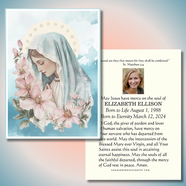Catholic Funeral Memorial Prayer Mary Blue Place Card (Creator Uploaded)