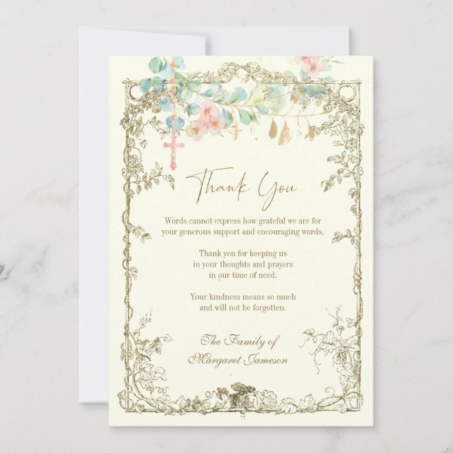 Catholic Funeral Memorial Rosary Floral  Thank You Card (Front)