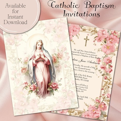 Catholic Girl Baptism Christening Blessed Mother Invitation