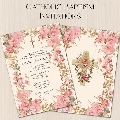 Catholic Girl Baptism Christening Pink Floral Invitation