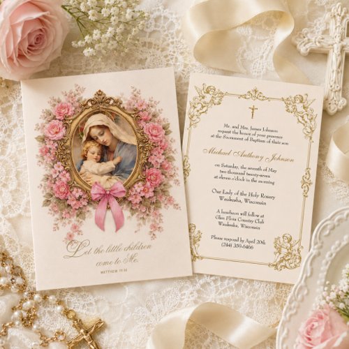 Catholic Girl Baptism Floral and Cherubs Invitation