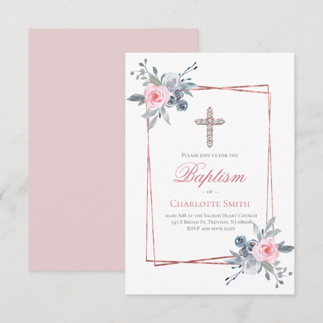 Catholic girl Baptism floral frame Invitation (Front/Back)