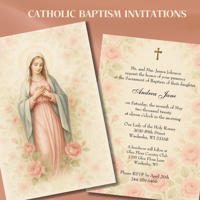 Catholic Girl Baptism Mother Mary Pink Roses Invitation (Creator Uploaded)