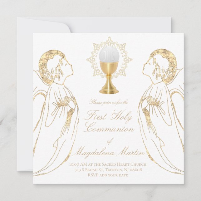 catholic girl first communion adoring angels invitation (Front)