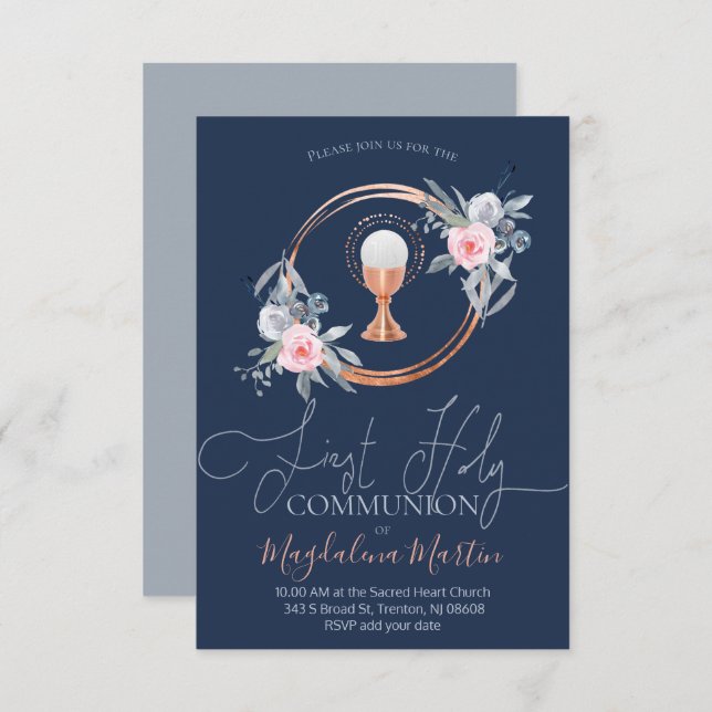 catholic girl first communion floral circle invitation (Front/Back)