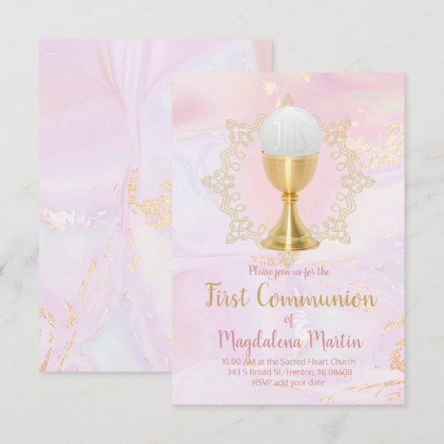catholic girl first communion pink marble invitation (Front/Back)