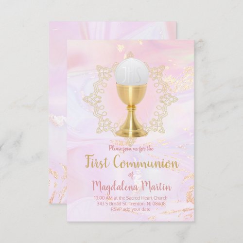 catholic girl first communion pink marble invitation