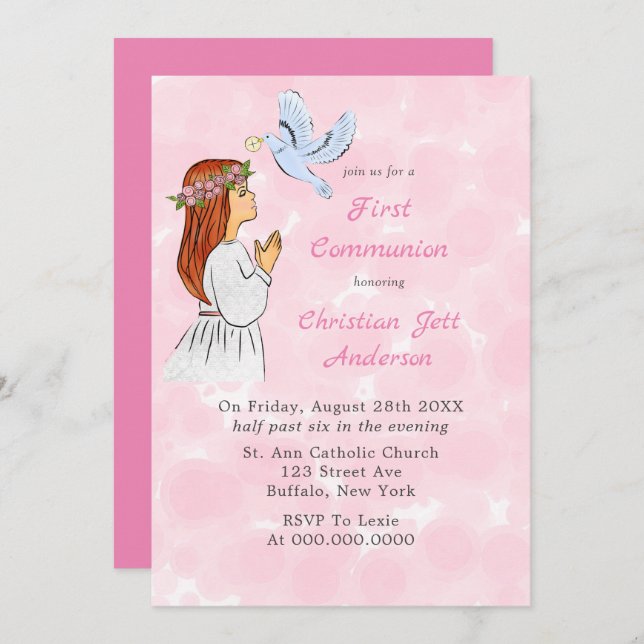 Catholic Girl with Dove First Communion Invitation (Front/Back)