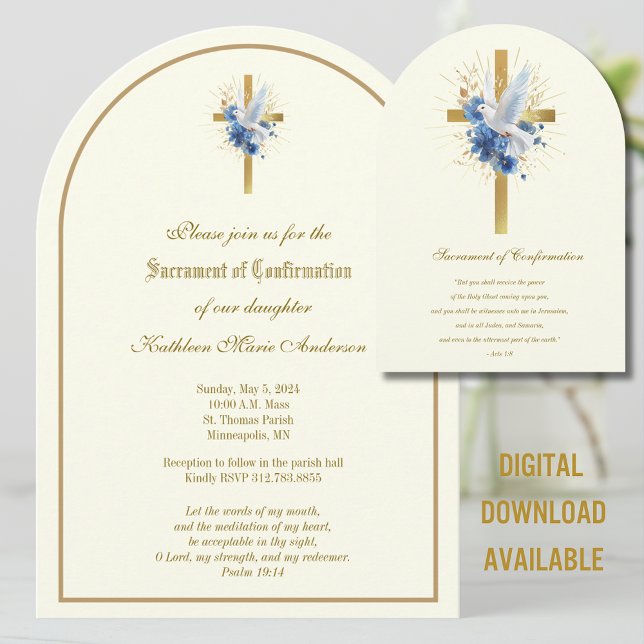  Catholic Gold Confirmation Dove Pink Roses Invitation (Creator Uploaded)