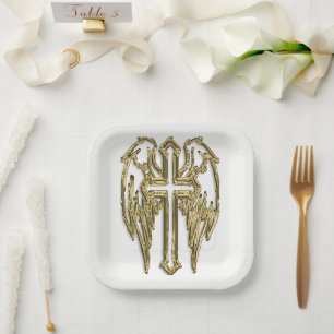 catholic-gold cross white paper plates
