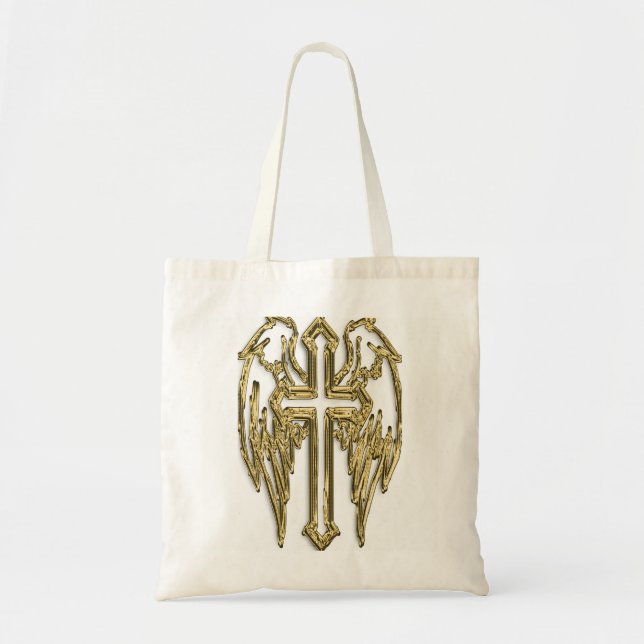 catholic-gold cross white tote bag (Front)