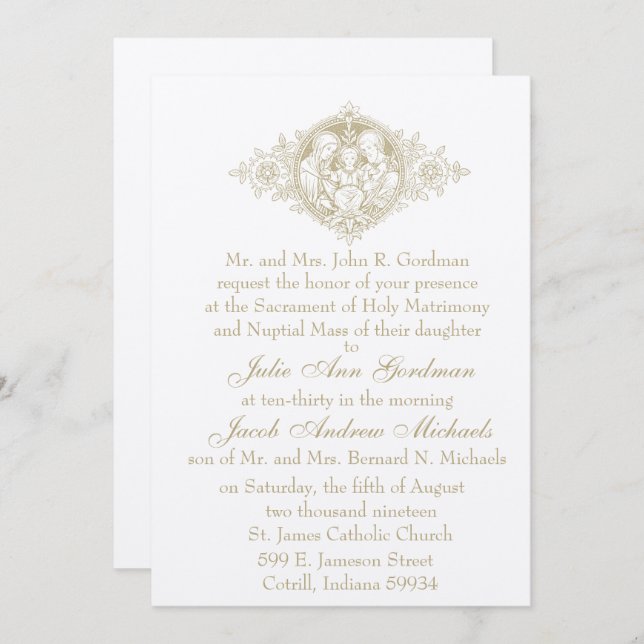 Catholic Gold Holy Family Nuptial Wedding Invitation (Front/Back)