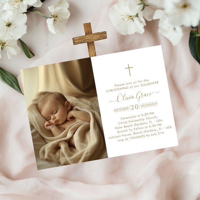 Catholic Gold Script Gender Neutral Photo Baptism Invitation (Creator Uploaded)