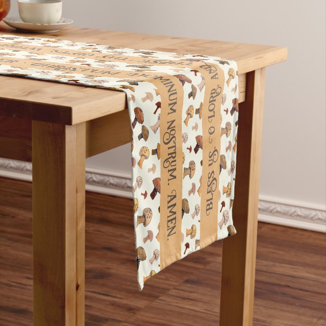 Catholic Grace Hand-Drawn Mushrooms Latin English Short Table Runner (In Situ)