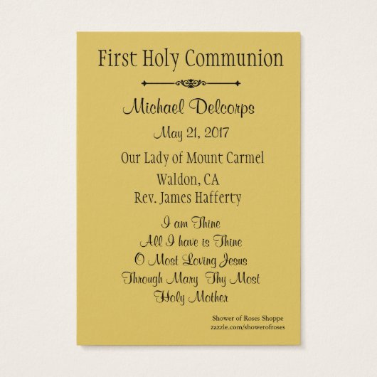 Catholic Holy Card for First Holy Communion (Back)