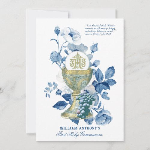Catholic Holy Communion Blue Floral Invitation