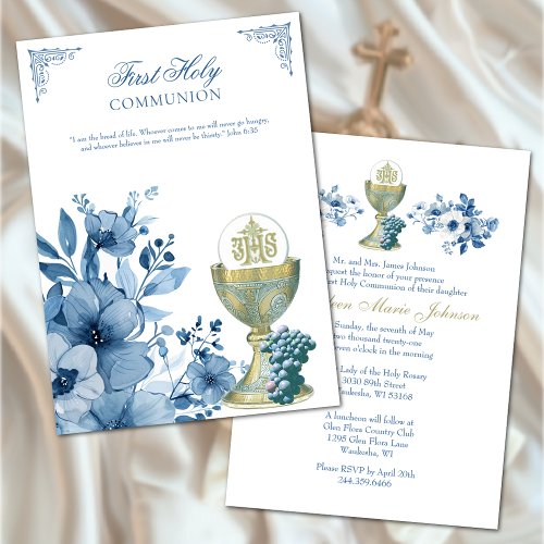 Catholic Holy Communion Dusty Blue Floral Invitation