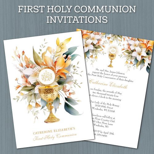 Catholic Holy Communion Elegant Floral Eucharist Invitation