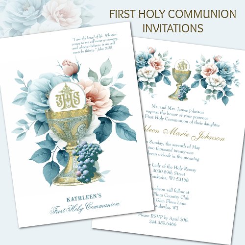 Catholic Holy Communion Elegant Floral Invitation