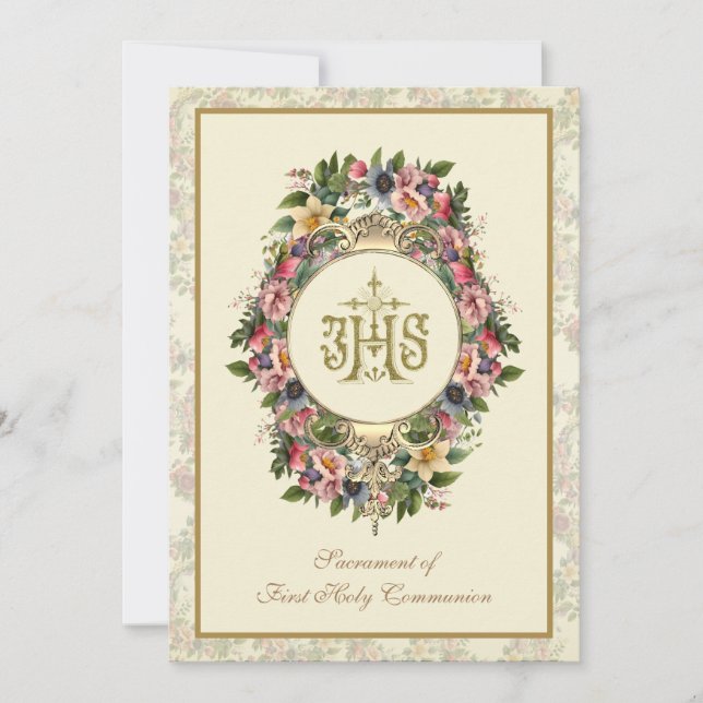 Catholic Holy Communion Floral Gold IHS Invitation (Front)