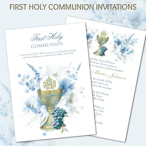 Catholic Holy Communion Light Blue Floral Invitation
