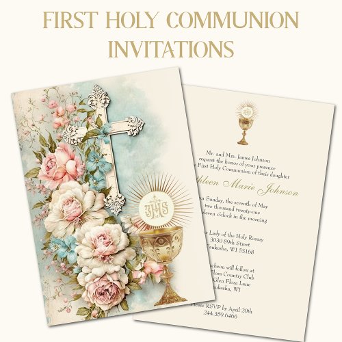 Catholic Holy Communion Vintage Floral Invitation