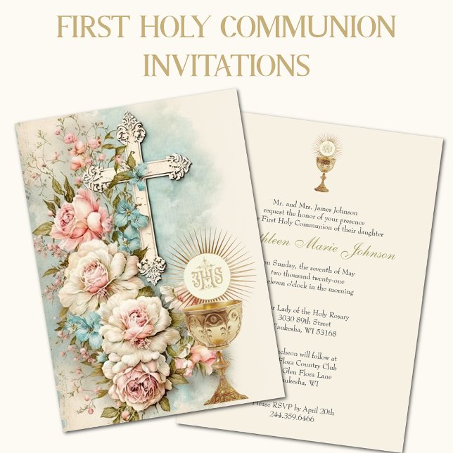 Catholic Holy Communion Vintage Floral Invitation (Creator Uploaded)
