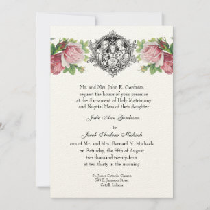 Catholic Holy Family Pink Roses Floral  Wedding Invitation