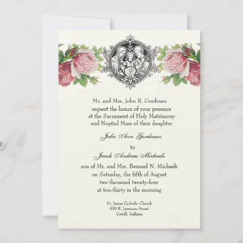 Catholic Holy Family Pink Roses Floral  Wedding Invitation