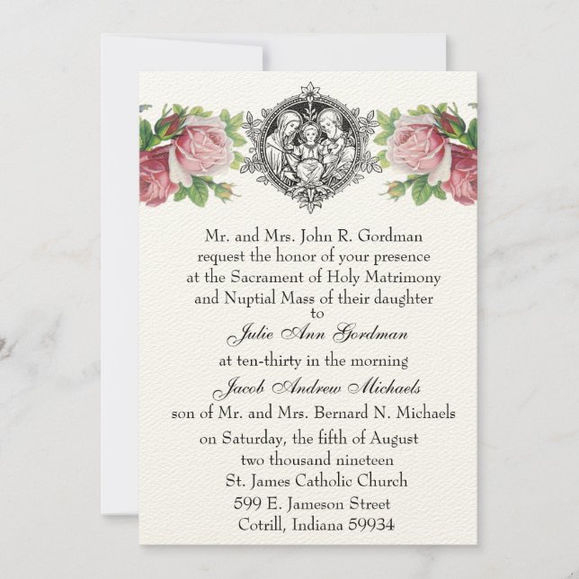 Catholic Holy Family Pink Roses Floral  Wedding Invitation (Front)