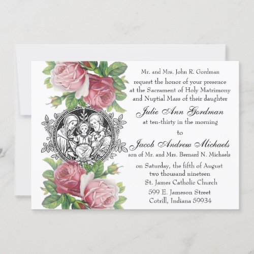 Catholic Holy Family Pink Roses Wedding Invitation