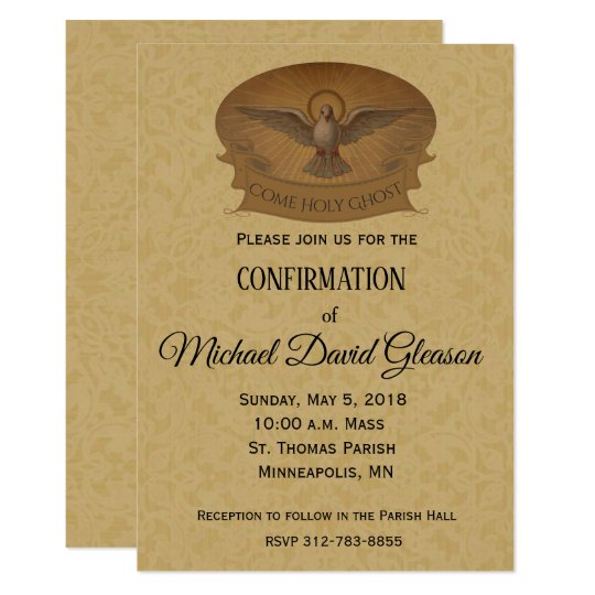 Catholic Holy Ghost Dove Gold Lace Confirmation Invitation