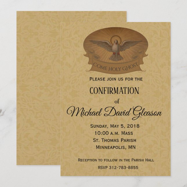 Catholic Holy Ghost Dove Gold Lace Confirmation Invitation (Front/Back)