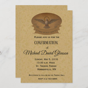 Catholic Holy Ghost Dove Gold Lace Confirmation Invitation