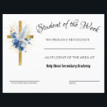 Catholic Holy Ghost Gold Cross Achievement<br><div class="desc">Beautiful Catholic Achievement Award Certificate for many uses. Great for homeschoolers,  Catechism Classes,  Religious Events,  etc.,  The beautiful image of the Holy Ghost and blue florals are overlaid on a gold cross. All text and fonts may be modified. Buy in bulk for larger discounts!</div>