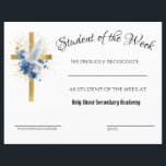 Catholic Holy Ghost Gold Cross Achievement<br><div class="desc">Beautiful Catholic Achievement Award Certificate for many uses. Great for homeschoolers,  Catechism Classes,  Religious Events,  etc.,  The beautiful image of the Holy Ghost and blue florals are overlaid on a gold cross. All text and fonts may be modified. Buy in bulk for larger discounts!</div>