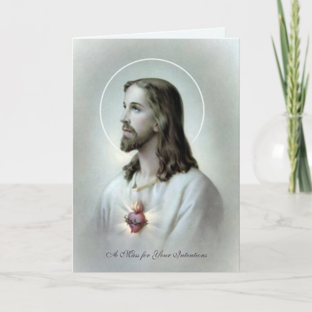 Catholic Holy Mass Offering Sacred Heart Jesus Holiday Card (Front)