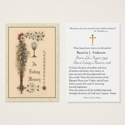Catholic Host Chalice Funeral Memorial Holy Card - (Front & Back)