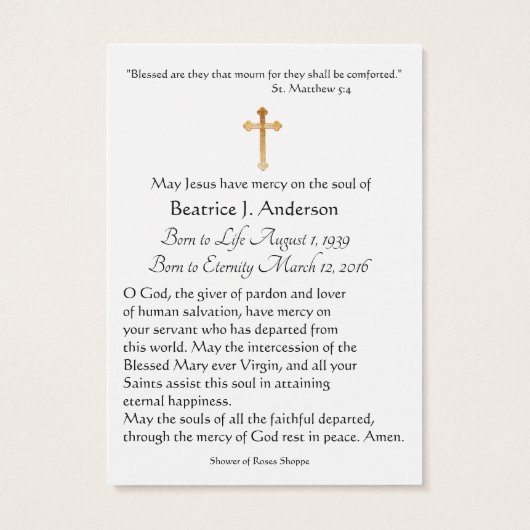 Catholic Host Chalice Funeral Memorial Holy Card - (Back)