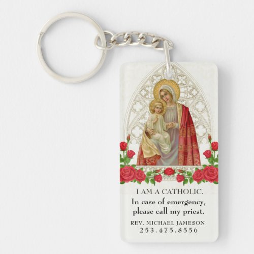 Catholic ID Virgin Mary Baby Jesus Pink Roses  Key Keychain